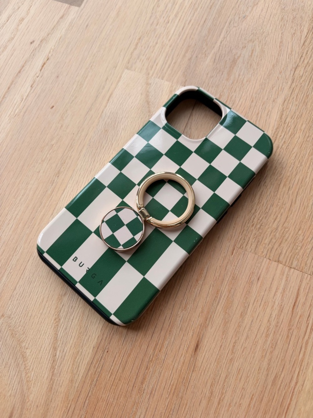 Burga Ivy League Checkerboard Green Phone Case with Gold Ring Grip